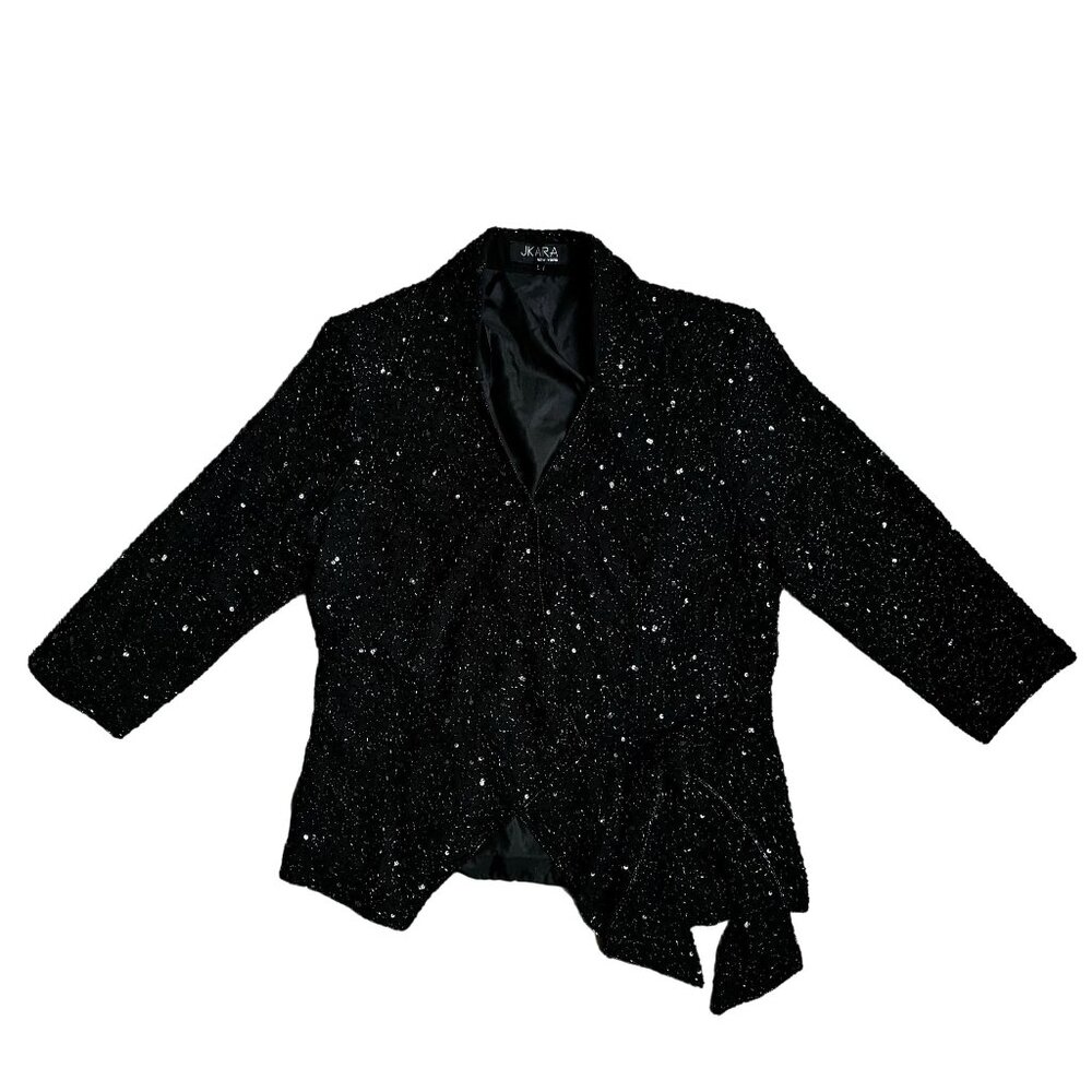 Jkara Sequin Jacket Womens L Black‎ Swiftie Faux Wrap Tie Whimsigoth Classic 90s